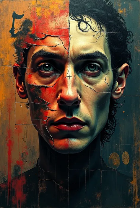  The face Raskólnikovs :

Fragmentation:  Representing his face as a mosaic of broken pieces ,  each one slightly misaligned or deformed ,  symbolizing your broken mind .
 Multiple reflections :  Drawing versions of the face in different perspectives  ( in...