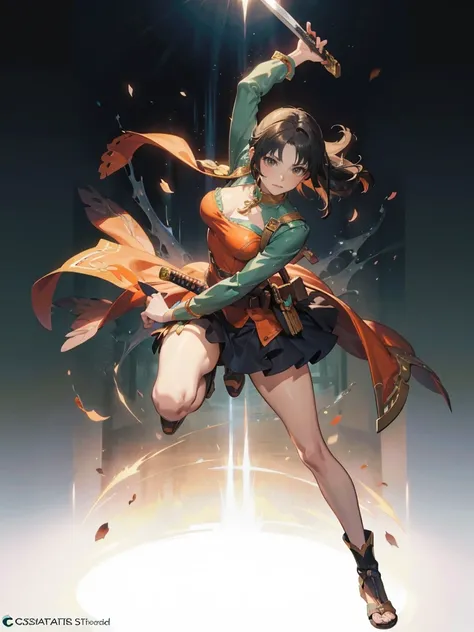 anime - style illustration of a woman in a green and orange outfit, video game character, official character art, trending on cgstation, e-girl, cushart krenz key art feminine, full body, female action anime girl, katana action