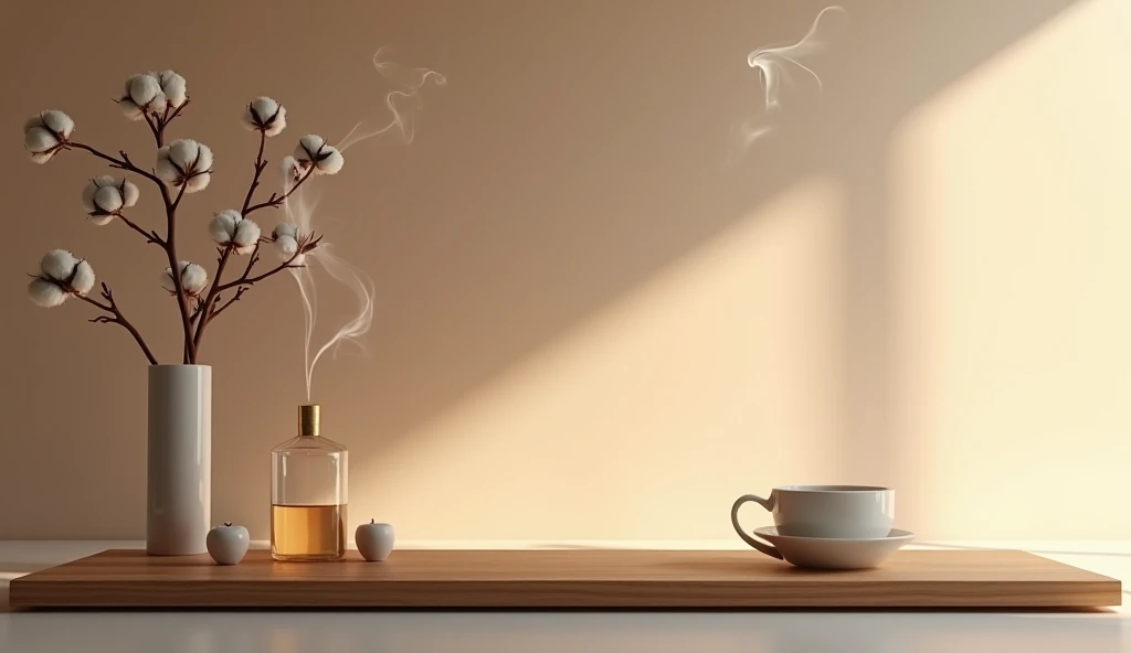 A fragrance ( has only one thread )( Flat cotton branches to accompany ). Fragrant smoke rising . Fragrance slanting on a Zen style elongated wood texture ( Stylish and simple ) with a fragrance . on the wooden table A minimalist white teacup in a teacup w...