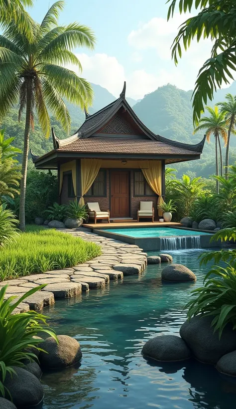 Realistic depiction of small traditional antique house there terrace and santay chair  ,in front of it and featuring a swimming pool in front ,  surrounded by rice fields and lush green coconut trees and there is a small river The water is clear flowing fr...