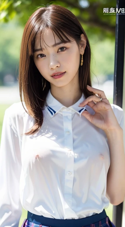 Highest quality、Ultra-high resolution、(Realistic)、18-year-old girl、((((School uniform blouse open))))、((((I can see your nipples)))),Hyper Detail、Super Realistic、(Realistic)、More about beautiful skin、(masterpiece:1.0)、(Highest quality)、(Ultra-high resoluti...