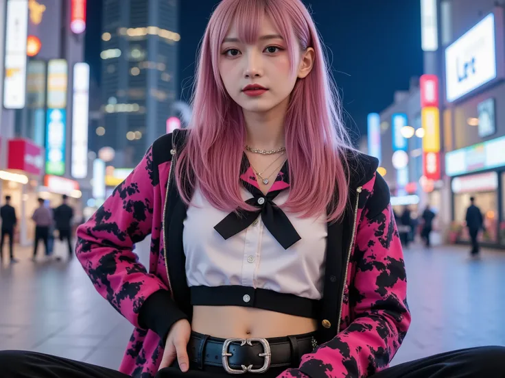 High resolution, 32k, best quality, full body, celebrity, Japanese beauty, looking at the photographer, confident expression, Harajuku style psychic terror element clothes, bold colors and patterns, trendy, futuristic innovative, eye-catching colors and ey...