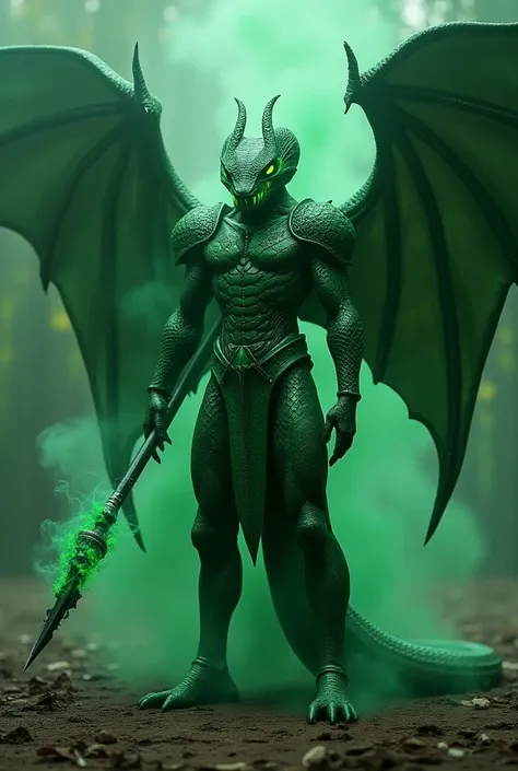 "Ultra-realistic photo of an anthropomorphic snake warrior representing the sin of Envy. His scaled, sinuous body is encased in green emerald armor with snake-scale patterns that gleam darkly. Enormous venomous wings, shaped like cobra hoods, extend from h...