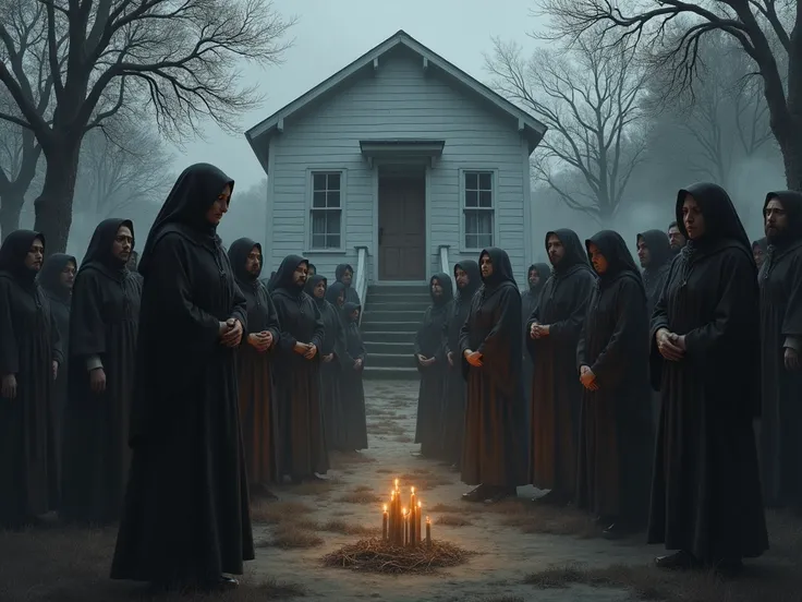 picture of villagers, mourning after hearing the news of a female cleric passing away, background of villagers gathering at the funeral home, white house in the village