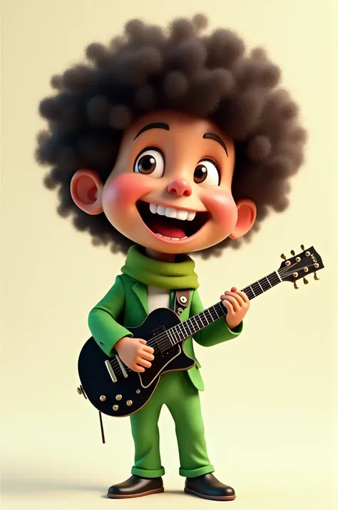  Create a caricature of a large head 4d ,  of a cheerful musician .  The character has curly hair , big smile,  and wears a green suit with a matching scarf .  They hold a black electric guitar , cute pose .  The background is simple and light to accentuat...