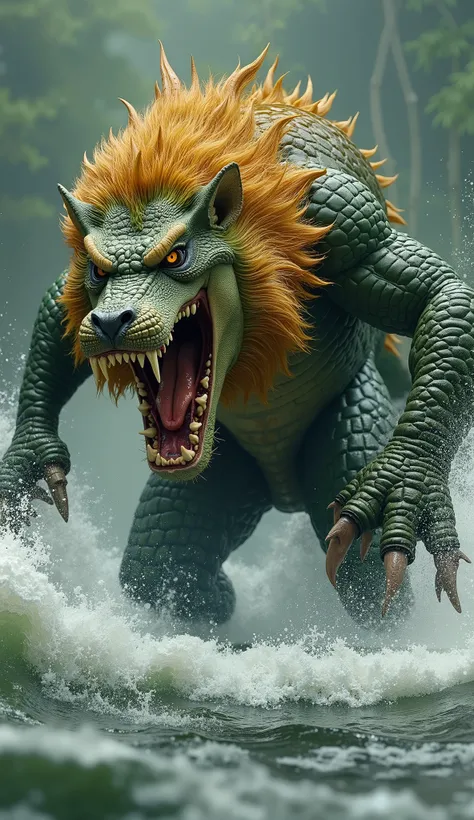 Create a photorealistic image of an angry giant hybrid creature that combines the fierce features of an alligator and a lion. The creature should be depicted in a full view, showcasing its scaly green skin interspersed with golden fur, emphasizing its musc...