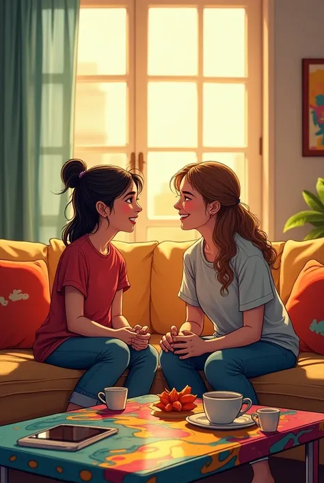 Mother and daughter sitting chatting in the living room in front of a comic-style table