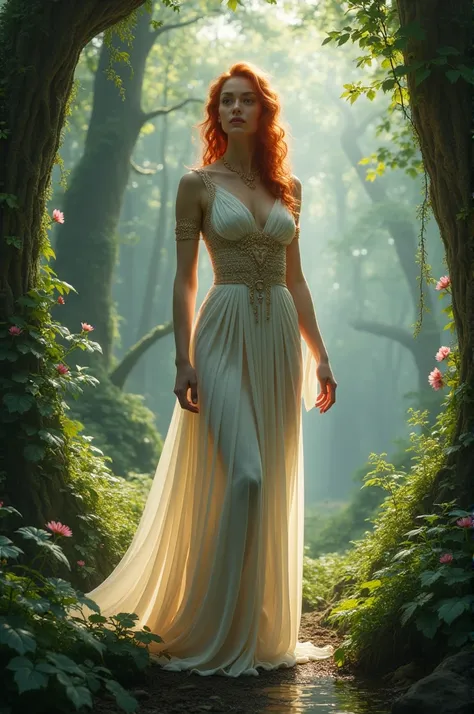 Beautiful lady of the forest with the reddish and wavy horse dressed in the costume of Greek goddesses 