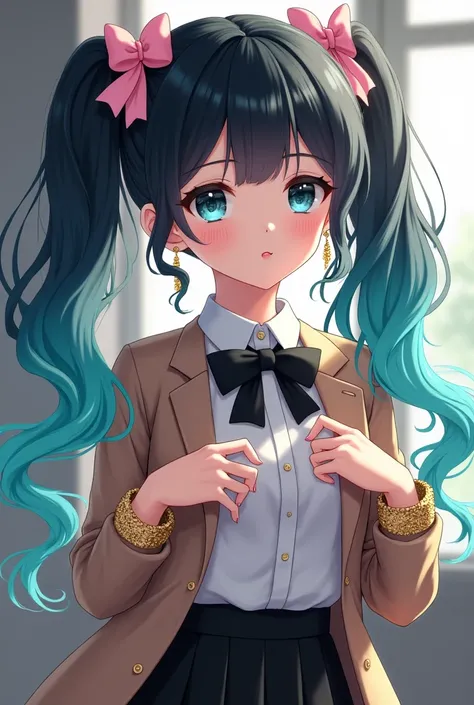 Girl, school girl, idol look, turquoise-colored high pigtales, unrealistically long pigtails, pigtails curled at the tips, dark blue eyes, idol, pretty, singer, realistic, wears a school uniform, white shirt, brown-coffee blazer, black skirt, black bowtie,...