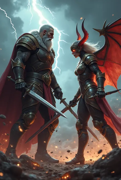 The great hero Gram against a female demon in armor in the final battle