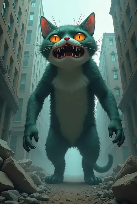 Creepy giant cat,  anime style , in a destroyed urban setting