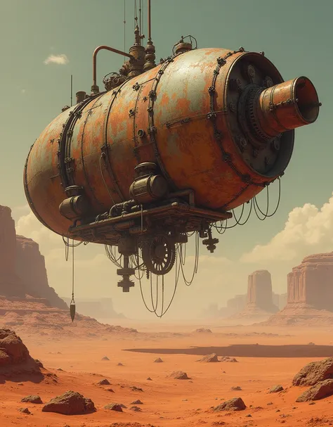 steampunk, masterpiece, high quality, very detailed, digital illustration, cosmos, set in mars, brown, Rusted, Floating Machine, Planet gear, desert 