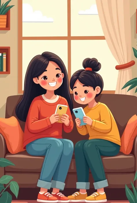 Mom And Daughter Sitting On Phone Cartoon Style