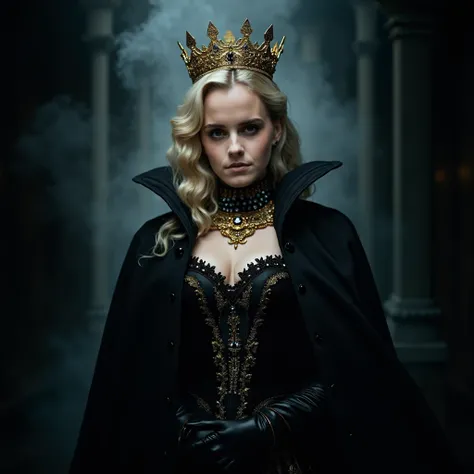 portrait of Emma Watson with a golden crown, blonde hair, blonde platinum hair, light blonde hair, pale skin, green eyes, black makeup, gothic makeup, gothic victorian dress, black victorian dress, golden jewels, black gloves, black cape, exuding strength ...