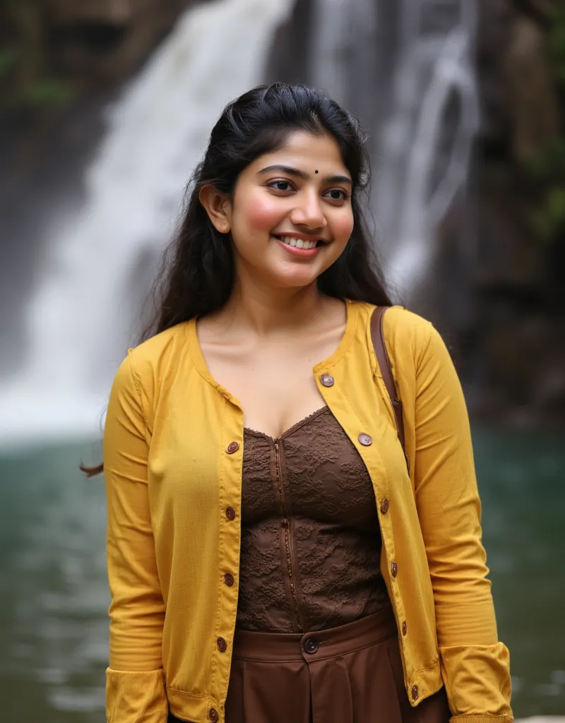 sai pallavi  water in a river, next to a waterfall, in water up to her shoulders, dripping wet, bathing in a waterfall, gorgeous...