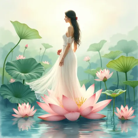 a painting of a woman sitting in the water with lotus flowers in the background, a watercolor painting, featured on deviantart, standing gracefully upon a lotus, beautiful painting, very very very beautiful art, watercolor colored painting, waterpaint art,...