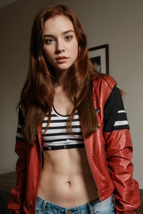 Young girl with long red hair, brown eyes, petite figure, red mid-riff baring open jacket, a very short black and white stripes shirt that bares her belly, short denim
