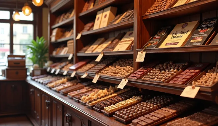 Shelf of a candy store with various types of chocolate