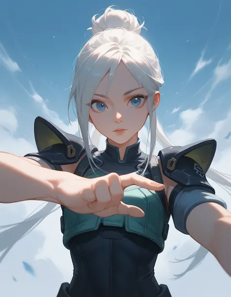 ((perspective)), score_9, score_8_up, score_7_up, (solo), 1girl, long locks, white hair, hair bun, blue eyes, big eyes, valorant, jett, ((dynamic pose)), hands, fingers, Anatomically correct, vest, shoulder pad, bare hands, gloves, military
