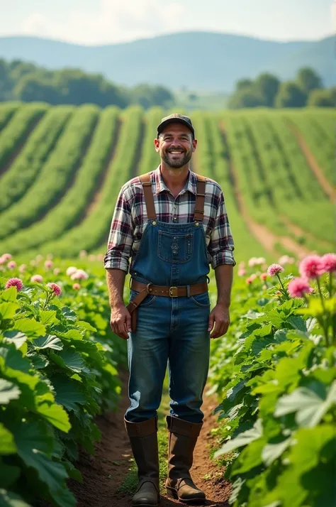 A happy farmer man looks like his greeny feild 