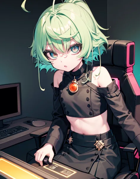 1 girl, Anby, short hair, green headphones, white hair, orange eyes, black skirt, black and green sweater, black and green detached sleeves, white crop top under sweater, black fingerless gloves, black choker, ((holding controller)), by computer desk, sitt...