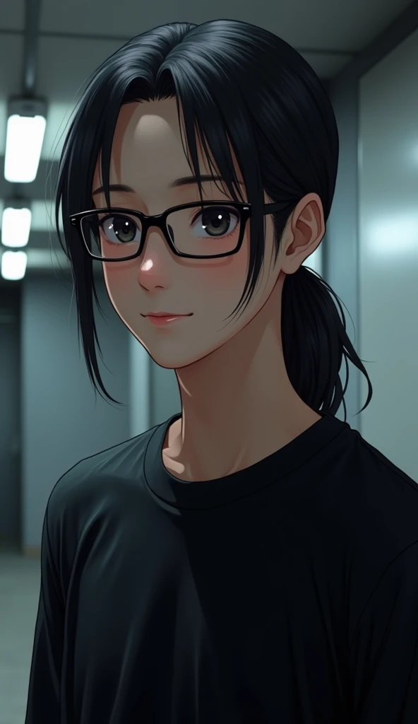  Image of a 20-year-old young man with long hair tied in a ponytail model. Wearing square frame glasses, Square face shape, height 175 cm, ideal weight, wearing a plain black shirt , sharp gaze,  but with a faint smile on his face .  Dominant aura flows ar...