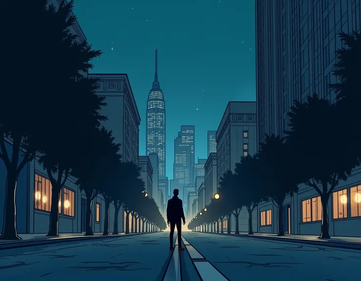 hq comic, Illustration, A city, at night, Outside, minimalists,  few elements 
