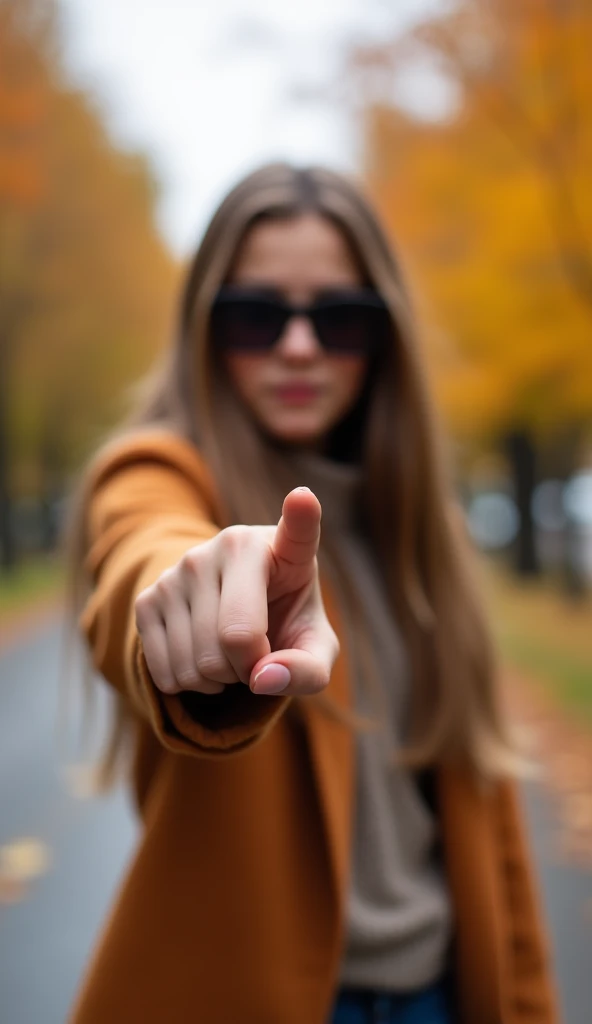 A beautiful girl with long hair and sunglasses dressed for autumn weather stands facing us and pointing at us with her index finger. The finger is in focus ,  and the girl is slightly out of focus in the background