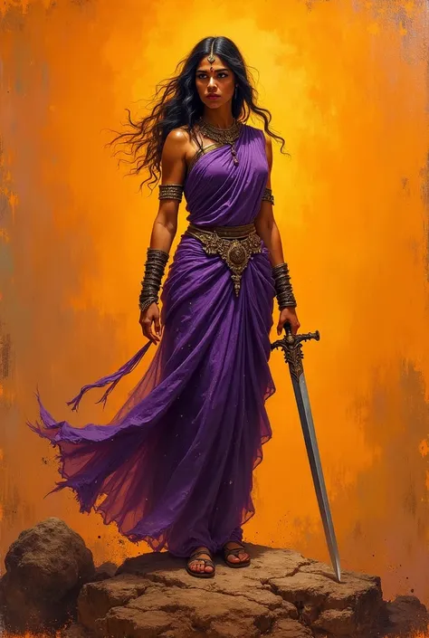 old oil painting, orange background, South Asian Indian Female warrior in purple saree and black bodystocking holding a sword on a battlefield by splash