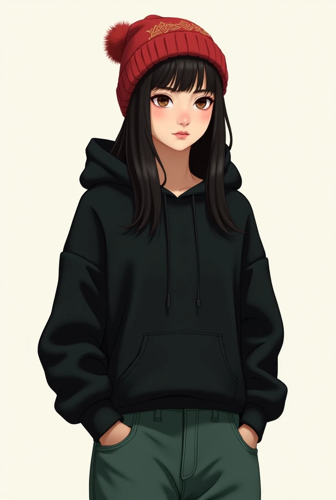  a 17-19 year old girl ,  black hair , smooth and long,  who wears an embroidered red winter cap .  Her skin is pale , And her brown eyes . Wear a black sweatshirt with pockets and a hood and loose-fitting opaque green dropped style jeans. in digital drawi...