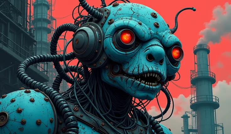 1 an old troll robot with many eyes on an industrial structure, in the style of detailed comic book art, azure and dark crimson, realistic hyper - detail, distinctive noses, leica r8, bold, manga - inspired characters, steampunk influences, by philippe fra...