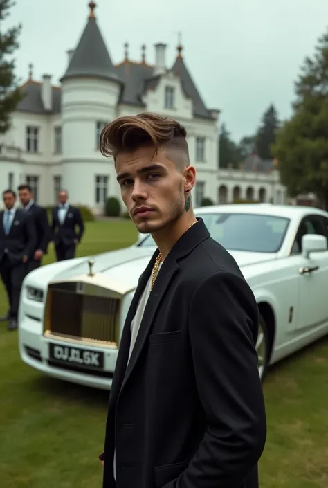 A realistic photo of Justin Bieber at 2016 with little jaw beards . He look like Italian gangster and hold cigarettes to smoke. He wear Rolex and a black and little gold color combination long jacket. There are a white roll Royce and Selena Gomez and his g...