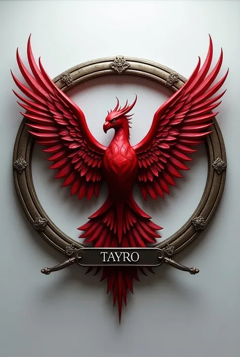 Round frame for logo photo electric red model with small swords and wings on the bottom edge of the hoop with the word tayro at the bottom inside the edge of the circle all in the context of a king