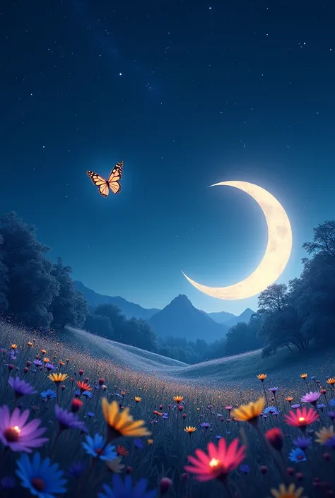 A mesmerizing night landscape::(12)
A radiant crescent moon illuminates the sky, dotted with twinkling stars::(16)
 A luminous butterfly, with a shimmering pattern::(19) hovers near the moon.
 Below, a vibrant meadow::(24) stretches out, teeming with a var...