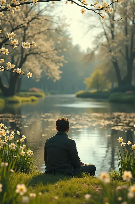 A man is sitting infront of a pond and the pond is full of white daffodils and the man is looking towards the pond and iit is a sunny day 