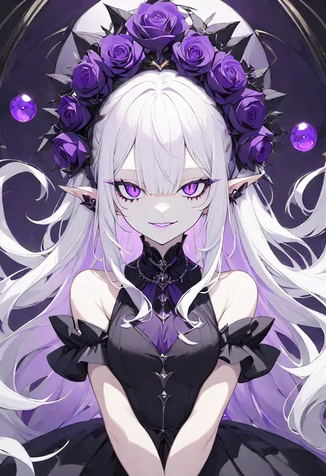 girl,White hair,In purple ,,Pointed ears,White hair, black purple luxury dress, smiley villain ,glove