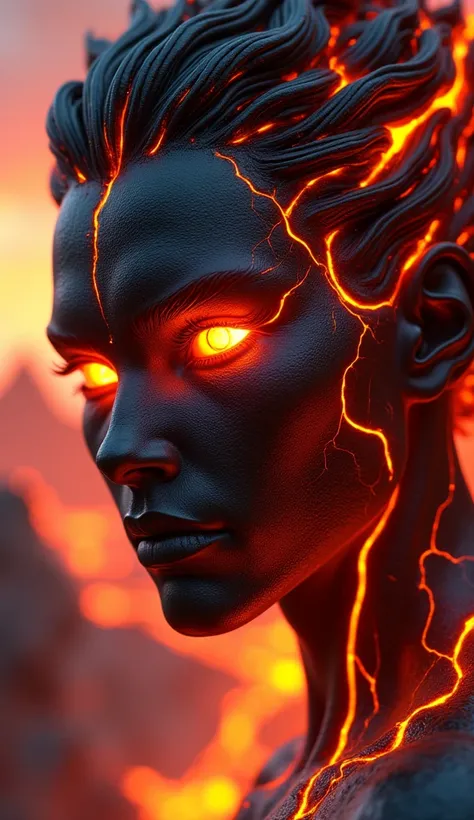 "Create a hyper-realistic close-up of a volcanic-themed character, capturing the intensity of molten lava. The character’s skin should appear as textured obsidian, with vivid, glowing veins of molten lava running through deep cracks, illuminating the face ...