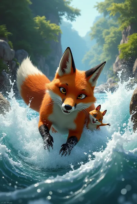 Rescue at the River: Show a dramatic scene of Finley(fox) swimming in a fast-flowing river with a small squirrel (Pip) clinging to his back, surrounded by splashing water.