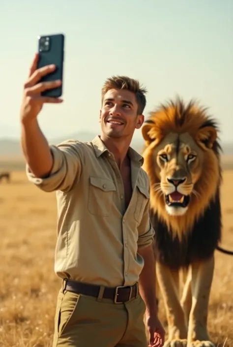 Handsome young man snaps a selfie with a lion animal behind him