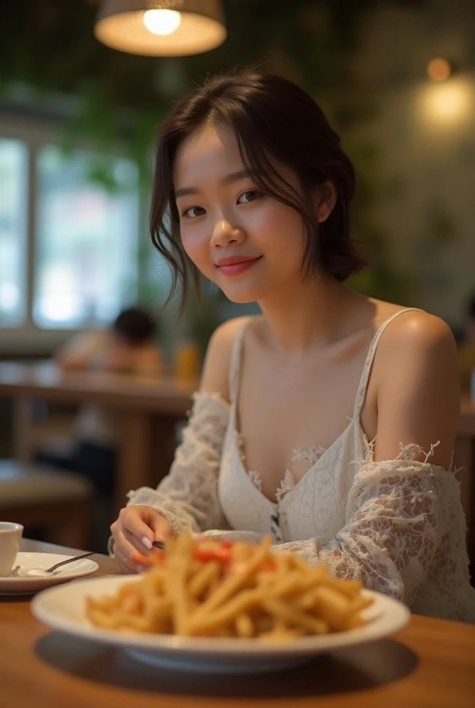 there is a woman sitting at a table with a plate of food, a picture by Kanbun Master, instagram, tachisme, with short hair, 1 , dilraba dilmurat, 8k)), leaked image, nivanh chanthara, very low quality, sakimi chan, dang my linh, mai anh tran