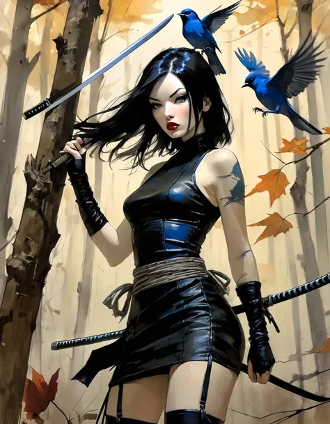 sexy girl, tied up, katana in hand, Japanese, long black hair, thin and small breasts, sexy tight black leather dress, two blue birds perched on her shoulders, threatening birds, Japanese forest in autumn, black and white sketch style, inspired art in Bill...