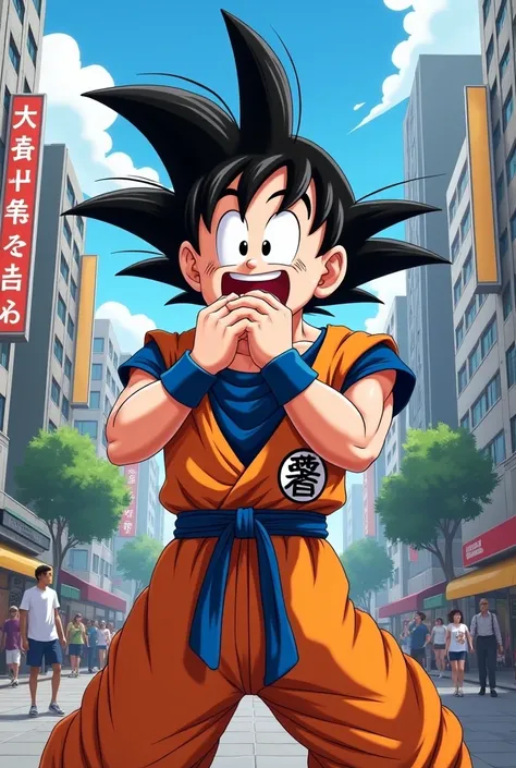 Son Goku poo with a smile while hooray in the city