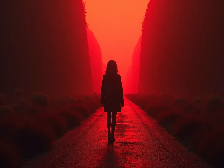  a person with his back who can only be seen from the waist in the foreground  ,  entering the path that lights up and the background is all in shades of red, the upper part is darker and the other one masks as if it were a land, a landscape but subrealist...