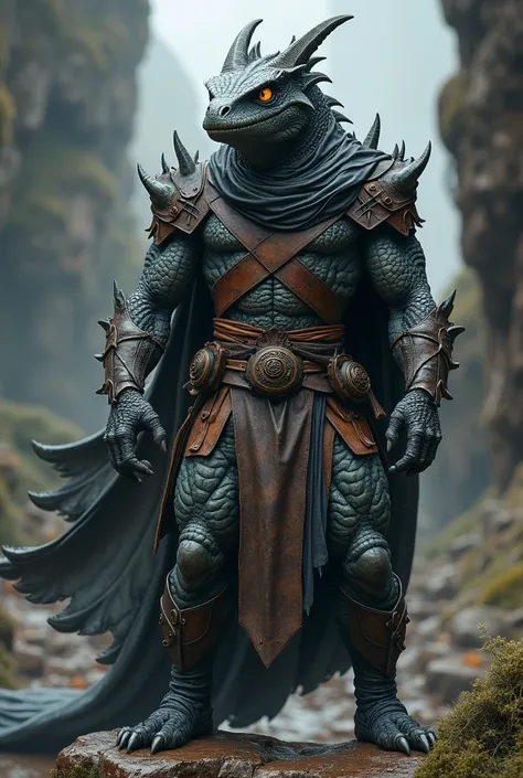 steel colored dragonborn, no wings, leather armor, rogue, size of a human