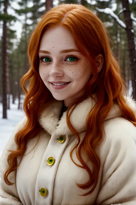 woman, adult, green eyes, white skin, freckles, wavy hair, smiling, night, yellow fur coat, redhead, thin nose, pine forest, snow