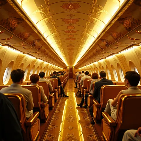 inside a airplane and left and right side peoples sit on seat and front seat is empty the plane interior is made of gold