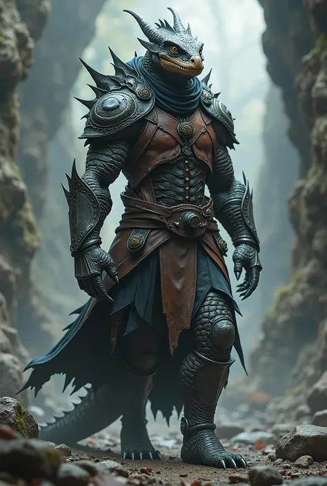 steel colored dragonborn, no wings, leather armor, rogue, size of a human