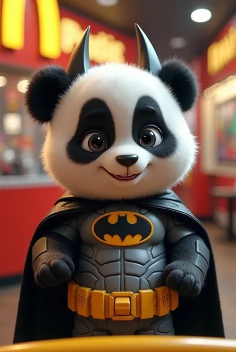 Panda with a cute face dressed as Batman in a Batman mask playing in Mc Donalds games 
