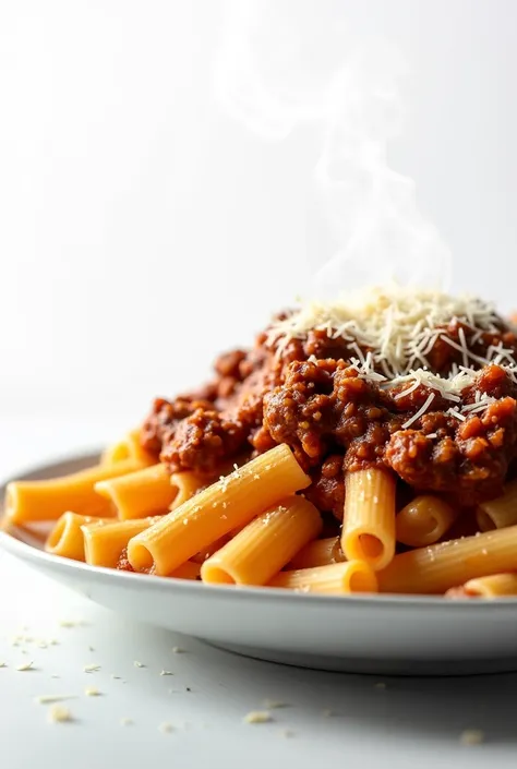 plate of Fresh macaroni bolognese side view isolated on white background