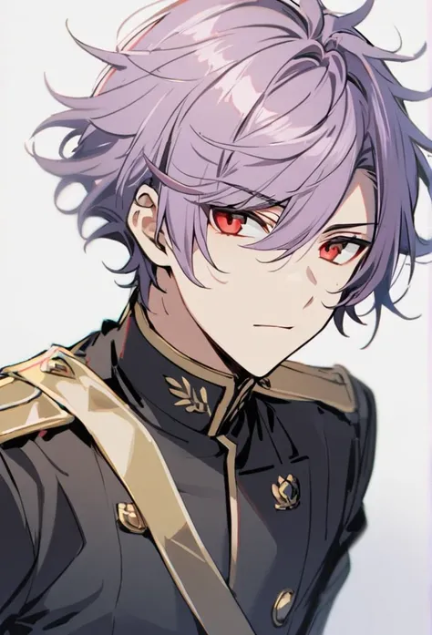 1 boy, light purple hair, red eyes, black uniform, handsome, messy hair, Swept Bangs, short hair, teenage boy، black uniform, black royal uniform